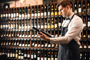 Professional wine seller or cavist offering bottle of red wine, man dressed in white shirt with bow tie and apron telling about the origin of this sort of wine, wine shelves on the background - obrazy, fototapety, plakaty