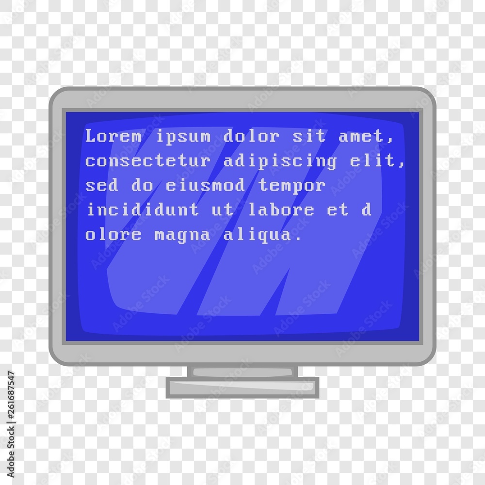 Poster blue computer screen with text icon in cartoon style isolated on background for any web design