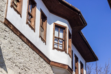 Horizontal shoot of facade wooden window old house in Safranbolu