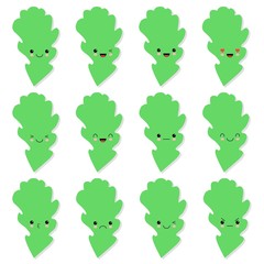 Set Green Oak Cute Emotion Leaf. Silhouette on White Background. Vector