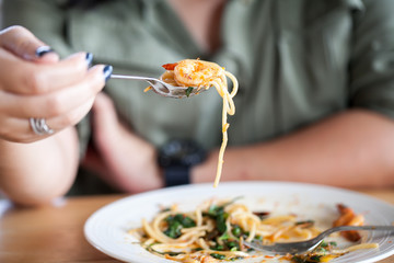 Spaghetti seafood with chili and basil