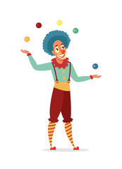 Circus clown juggling with colorful balls isolated on white background. Flat vector illustration.