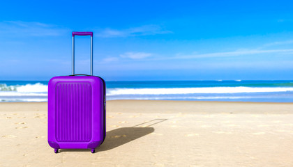 Suitcase on sea beach. Travel baggage concept. Copy space. Holiday, rest, recreation, relaxation. 3D rendering illustration