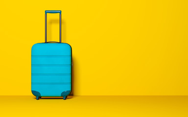 Suitcase on pastel background. Travel baggage concept. Minimal style. Copy space. Holiday, rest, recreation, relaxation. 3D rendering illustration