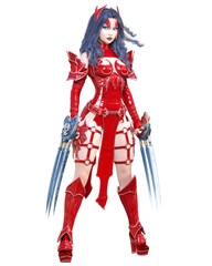 Warrior amazon woman sword and metal blade.Long dark hair.Elven warrior.Comic hero.Muscular athletic body.Girl standing aggressive pose.Conceptual fashion art.3D rendering isolate illustration