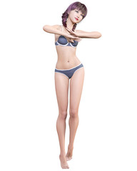 3D beautiful summer beach blond woman blue swimsuit bikini.Summer rest.Conceptual fashion art.Seductive candid pose.Realistic render illustration.Isolate