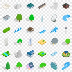 City element icons set. Isometric style of 36 city element vector icons for web for any design