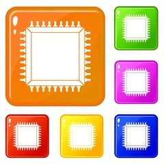 Computer microchip icons set collection vector 6 color isolated on white background