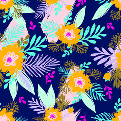  Flowers and Exotic Leaves , Seamless Pattern PrintIllustration for Surface , Invitation , Notebook, Banner , Wrap Paper ,Textiles, Cover, Magazine ,Postcard Background ,Textile , Wallpaper, Fashion 