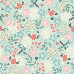Spring nature with dragonflies. Seamless easter pattern.