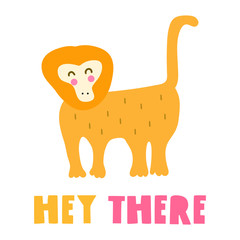 Monkey. Hey there. Hand drawn vector icon illustration design in scandinavian, nordic style. Best for nursery, childish textile, apparel, poster, postcard.