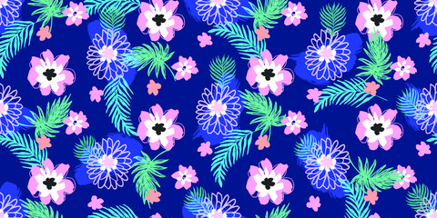 Vector Painting Illustration with Flowers and Exotic Leaves , Seamless Pattern Print