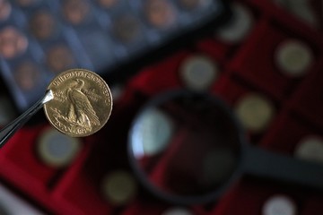 Numismatic at work shows some gold coins. Accessories are visible in the background.