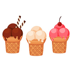 Set of colorful ice cream balls in waffle bowl. Vector illustration.