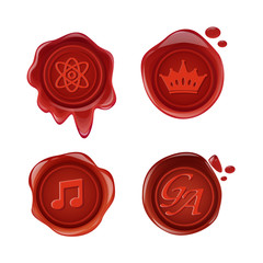 Retro and vintage red wax seals, with logos, icons, pictograms.