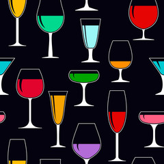wineglasses with alcohol on dark background, seamless pattern, texture for packaging or design. vector