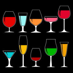 wineglasses with alcohol on dark background, collection of isolated icons. vector illustration.