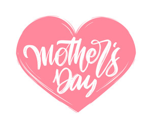 Handwritten textured brush lettering of Happy Mother's Day on pink heart background.