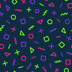 Illustration of modern style seamless colorful abstract hand draw memphis geometric pattern on dark blue background. Neon color. Vector