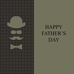 Greeting card.On the postcard men's hat, glasses, mustache.Olive green yellow colors.Gentleman style.Father's day.