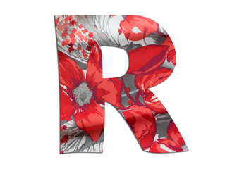 Letter R alphabet with floral fabric texture on white background