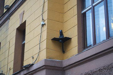 statue of a cat on the wall, near the window. Sight of St. Petersburg