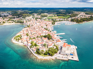 Croatian town of Porec, shore of blue azure turquoise Adriatic Sea, Istrian peninsula, Croatia....