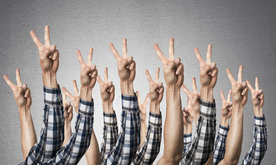 Fototapeta premium Row of man hands showing victory gesture