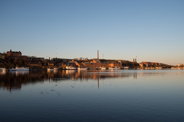 Obraz premium View over old houses in the Södermalm district a spring day at sunrise in Stockholm from the Riddarholmen island