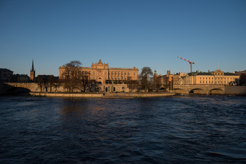 Government buildings and castle a spring day at sunrise in Stockholm