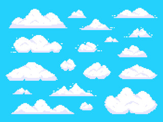 Pixel clouds. Retro 8 bit blue sky aerial cloud pixel art background vector illustration