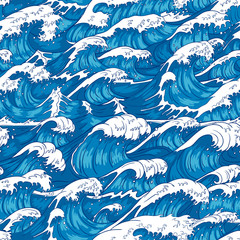 Storm waves seamless pattern. Raging ocean water, sea wave and vintage japanese storms print vector illustration background