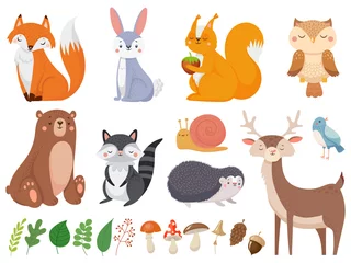 Raamstickers Bosdieren Leuke bosdieren. Wild dier, bos flora en fauna elementen geïsoleerde cartoon vector illustratie set