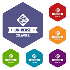 Obraz premium Universe travel icons vector colorful hexahedron set collection isolated on white 