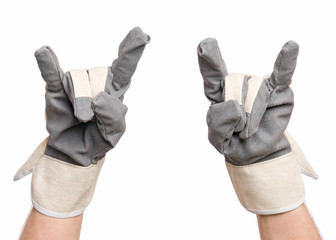 Worker showing gesture - rock and roll sign. Male hand wearing working glove, isolated on white background.