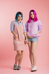 Fototapeta premium young attractive shy students holding hands and looking at the camera. full length photo. girls have lost an argument and colored their hair