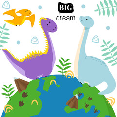 Fototapeta na wymiar poster with dinosaurs on the globe - vector illustration, eps