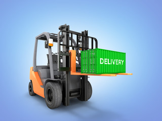 Forklift handling small cargo shipping container isolated on blue gradient background 3d render