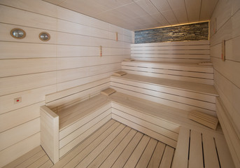 wooden shelves in the sauna