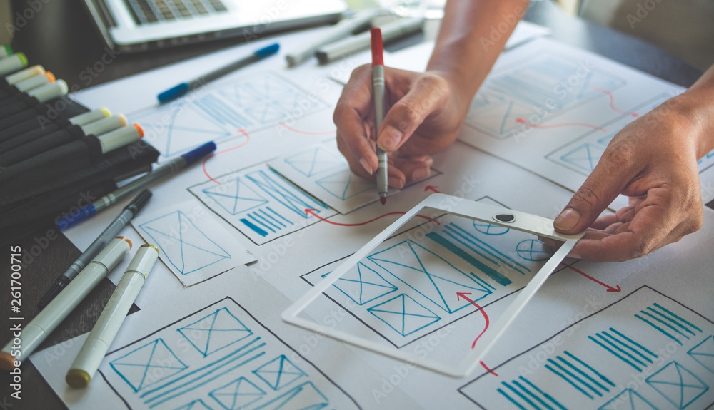 Poster ux graphic designer creative sketch planning application process development prototype wireframe for