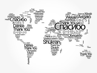 Naklejka na ściany i meble Thank You in different languages word cloud in shape of World Map, concept background