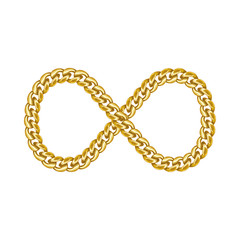 Infinity sign symbol icon made of gold chain.