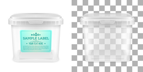 Vector transparent square empty plastic bucket with label. Front view.