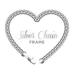 Fototapeta premium Silver chain heart love border frame wreath. Jewelry design, text frame. Realistic vector illustration on a white background.