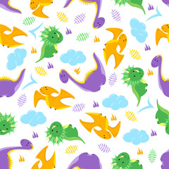 seamless pattern with colorful dinosaurs on a white background - vector illustration, eps