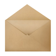 Open empty brown envelope, isolated on white background