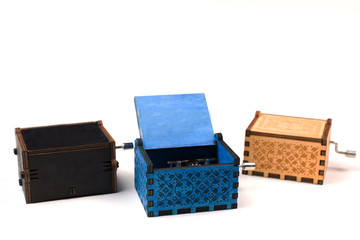 musical wooden box. box harry potter. blue, black box.Macro of the music box with intricate patterns and texture