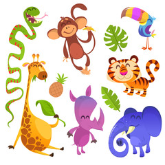 Cartoon tropical animals set. Toucan, monkey, tiger, snake, elephant, rhino, giraffe. Vector illustrations isolated