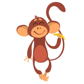 Funny Monkey Eating Banana. Vector  Flat Illustration Design