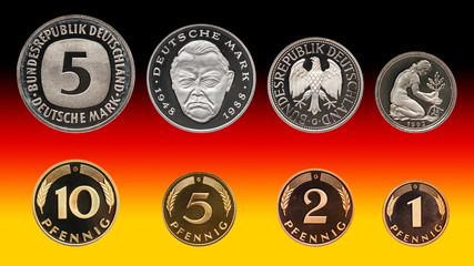 Germany German mark coins set, pfennig, background gradient
